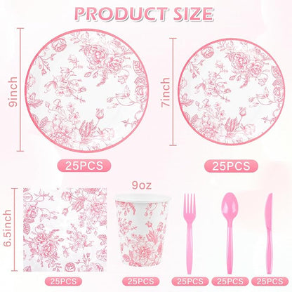 175Pcs Pink Floral Paper Plates and Napkins 25 Guests Pink White Toile - Image 2