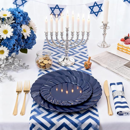 U-QE 100PCS Blue Disposable Plates - Heavy Duty Blue Plastic Hanukkah Plates for Hanukkah/Party/Wedding - Include 50PCS 9inch Dinner Plates and 50PCS 6.5inch Dessert/Salad Plates