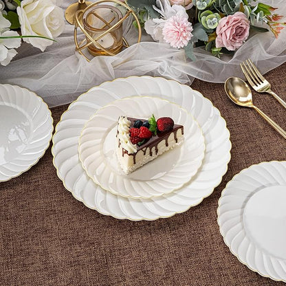 U-QE 60 Pcs Ivory Plastic Plates with Gold Trim – Scalloped Plate Disposable for Party - Elegant Plastic Plates Include 30 10.25" Dinner & 30 7.25" Dessert Plates for Party & Valentines Day