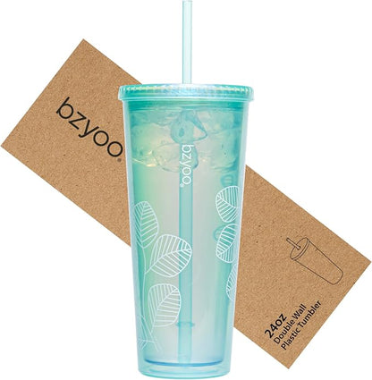 bzyoo 24oz Plastic Tumbler Cup, Lid & Straw, Iced Coffee, Pearl Green Leaf by bzyoo