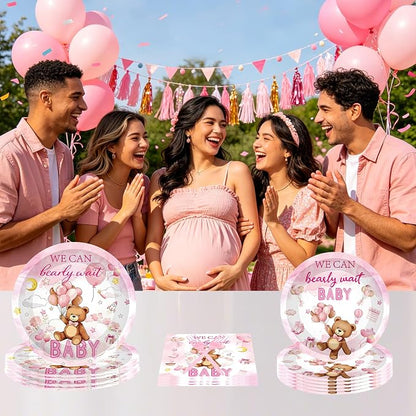 96 Pcs We Can Bearly Wait Baby Shower Decorations, Bear Tableware Set | - Image 7