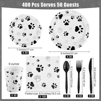 Kochorie 400 Pieces Black Paw Disposable Party Tableware Sets Dog Puppy Supplies Including Plates Cups Napkins Cutlery Serves 50 for Birthday Puppy Theme Party Decorations