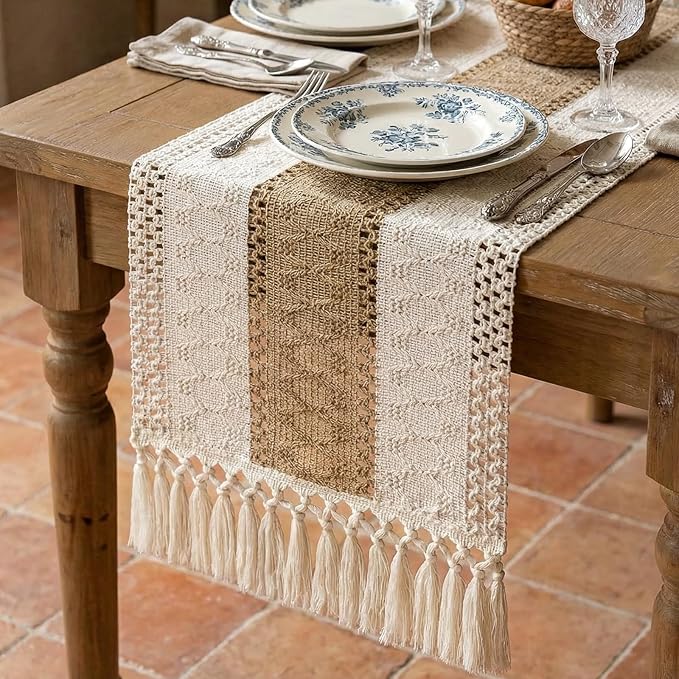 Burlap Boho Table Runner Macrame Brown 48in Farmhouse Woven Runner | Burlap by Xiomot