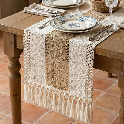 Burlap Boho Table Runner Macrame Brown 48in Farmhouse Woven Runner | Burlap by Xiomot