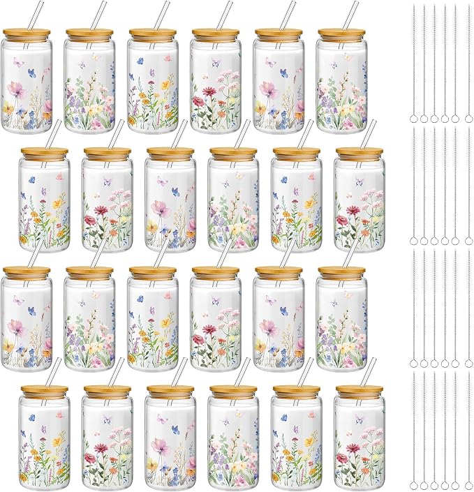 Mumufy 24 Pack Wildflower Glass Cups Gift Aesthetic Cute Glass Cup Tumbler by Mumufy