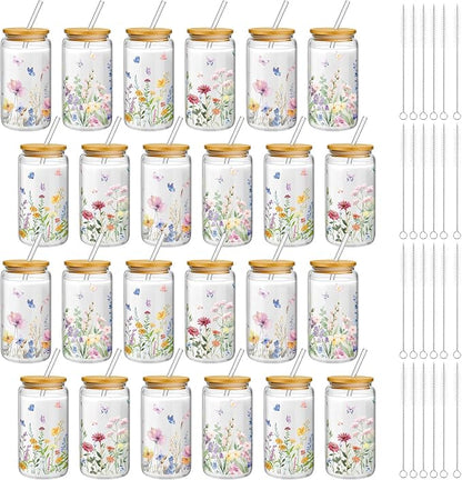 Mumufy 24 Pack Wildflower Glass Cups Gift Aesthetic Cute Glass Cup Tumbler by Mumufy