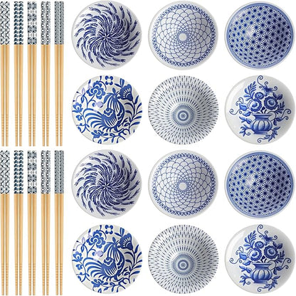 Chopstick & Dish Set, 10 Pairs 8.8 Inch Natural Bamboo Chopsticks and 12 Pcs 3.2 Inch Indigo Ceramic Dipping Bowls, Reusable Bamboo Utensils & Small Dip Plates for Sushi, Home Kitchen, Party