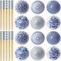 Chopstick & Dish Set, 10 Pairs 8.8 Inch Natural Bamboo Chopsticks and 12 Pcs 3.2 Inch Indigo Ceramic Dipping Bowls, Reusable Bamboo Utensils & Small Dip Plates for Sushi, Home Kitchen, Party