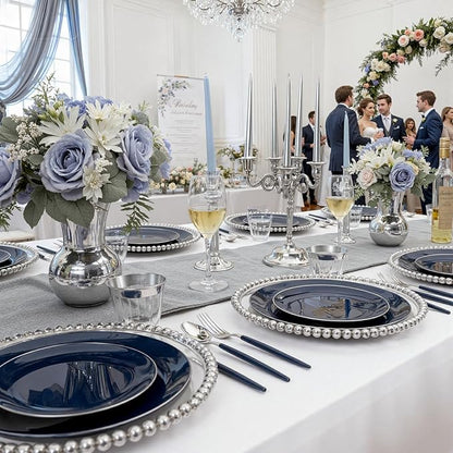 KIRE 175Pcs Blue Plastic Plates with Silver Rim & Disposable Silverware with Blue Handle & Silver-rim Cups & Hand Napkin & Plastic Dinnerware for Parties/Wedding