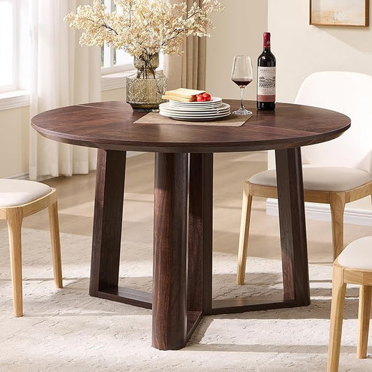 OKD 47" Dining Table for 4-6, Round Dining Room Table with Triangular Structure Pedestal Stable Base, Curved Table Edge, Circle Kitchen Tables for Dining Room, Kitchen, Dark Walnut