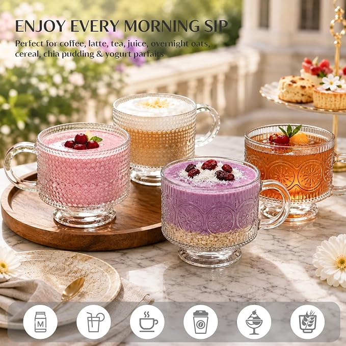 INSETLAN Vintage Glass Coffee Mugs 14 oz Set of 4, Embossed Overnight Oats - Image 2