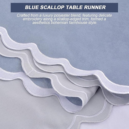 Small Dusty Blue Table Runner 15x36 Inch, Vintage Scalloped Coffee Table Cover - Image 3