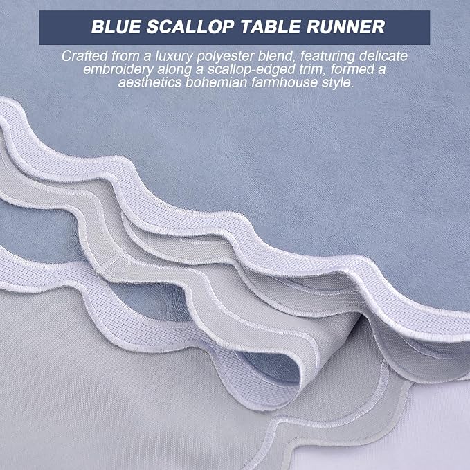 Dusty Blue Table Runner 15x70 inches, Boho Scalloped Table Runner, Rustic - Image 3
