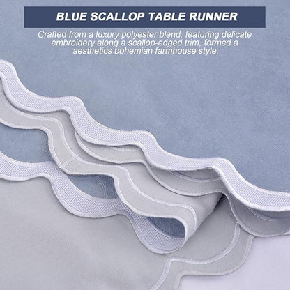 Dusty Blue Table Runner 15x70 inches, Boho Scalloped Table Runner, Rustic - Image 3