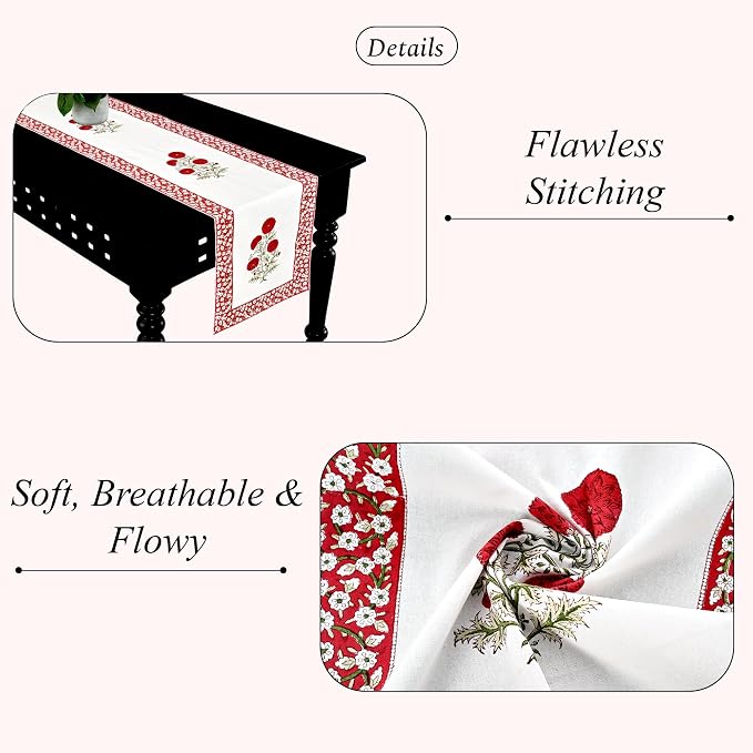 Red Green Buta Hand Block Print 100% Cotton Table Runner 16x90 Inch | Perfect - Image 4