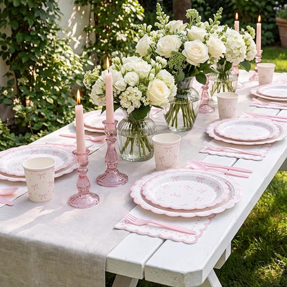Natnarr 25 Set Pink Bow Birthday Decorations Cute Bow Plates Napkins Set | 9" - Image 7