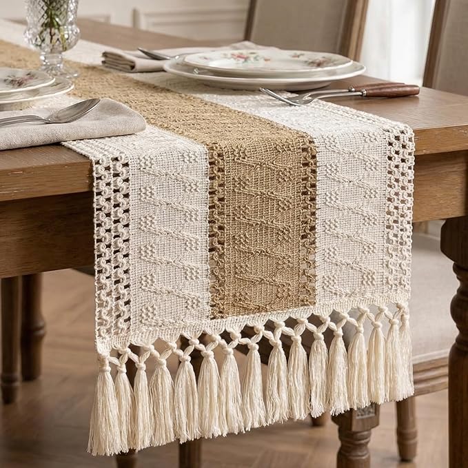 Burlap Boho Table Runner Macrame Brown 60in Farmhouse Woven Runner | Burlap by Xiomot