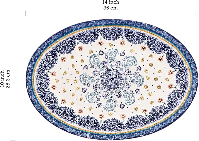 Bico Blue Talavera 16 plus 14 inch Oval Platters Set, Set of 2, Microwave and Dishwasher Safe, for Serving Fish, Chicken, Turkey