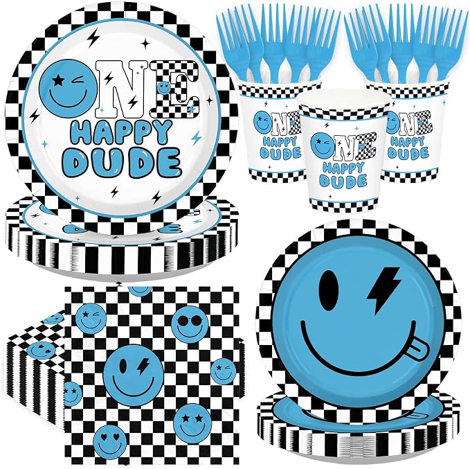 250Pcs One Happy Dude 1st Birthday Party Decorations, Serves 50 | Blue Smile by Greencian