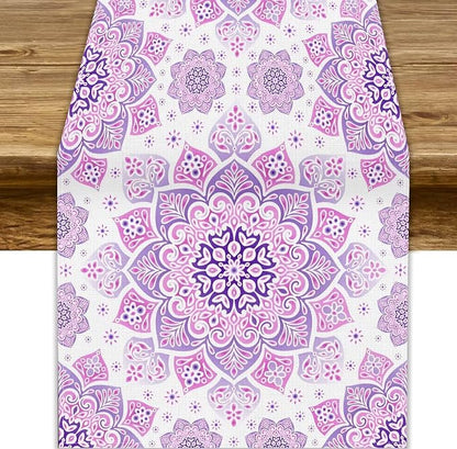 Purple Pink Mandala Table Runner, Traditional Indian Boho Mandala Flowers Print by JanJCurt