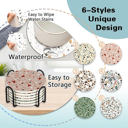 Terrazzo Ceramic Coasters with Holder Set of 6, Colorful Modern Art Absorbent Drink Cup Mat for Coffee Table Protection, 4 Inches Minimalist Artistic Home Kitchen Decor Housewarming Gifts