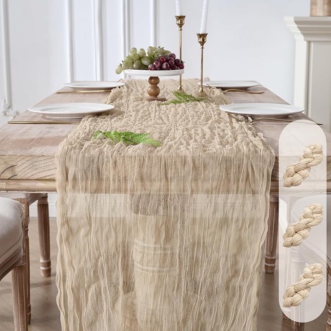 3 Pack Tan Beige Cheesecloth Table Runners, 120 Inch 10Ft Gauze Table Runner by YARGEZON