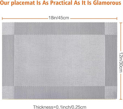 Placemats Set of 6,Washable,Heat and Stain Resistant Indoor/Outdoor Place mats,Vinyl Woven Non Slip Table Mats for Restaurant Table Protection,PVC Placemats(Silver, 6PCS)
