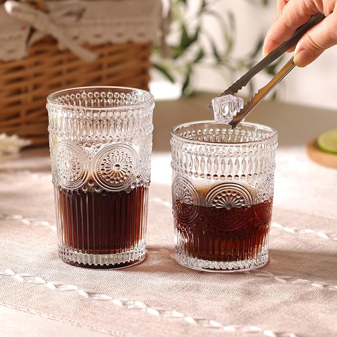 Moretoes Vintage Drinking Glasses Set of 12, Textured Striped Glass Cups | - Image 2