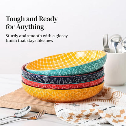 DOWAN 10" Vibrant Pasta, Salad & Soup Serving Bowls Set of 4, Embossed Large Porcelain Ceramic, Microwave & Dishwasher Safe, Bonita Design Dinnerware Dishes for Daily Dining, Family Gatherings, Party