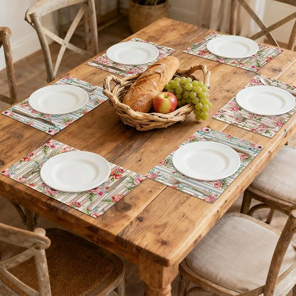 Table Placemats Set of 6, Waterproof Linen Fabric, Non-Slip Backing & Easy Clean, Elegant Dining Table Protectors for Family and Guests(Vintage Floral Countryside)