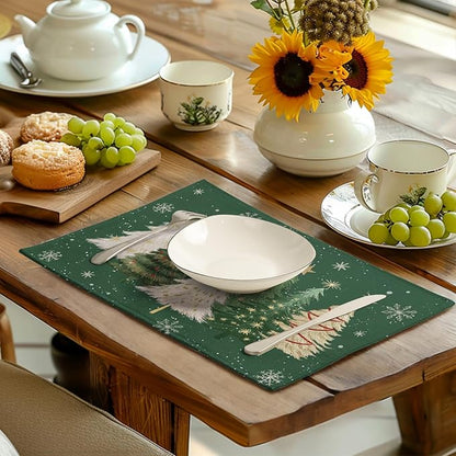 Green Christmas Tree Placemats Set of 4, 12x18 Inch Xmas Trees Snowflakes Winter Holiday Place Mats Seasonal Washable Linen Table Mats for Indoor Outdoor Kitchen Dining Party Décor