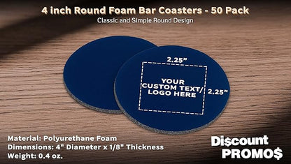 50 Round Foam Bud Coasters Pack, 4 inch - Customizable Text, Logo - PU Foam, Party Favor - Navy Blue