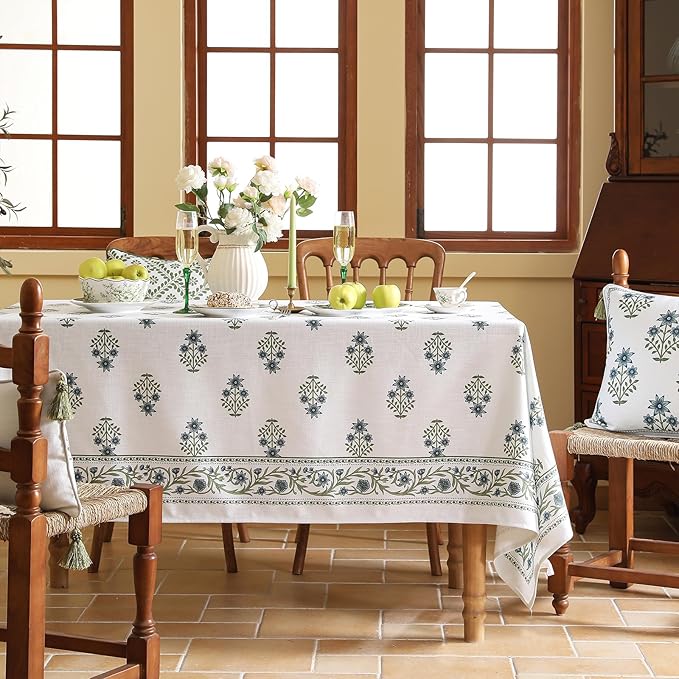 ISAENNE Designer White Linen Long Rectangle Tablecloth,Chinoiserie Floral Elegant Indoor Table Cloth,Fall Stain Proof Decor Tablecloths for Dining Thanksgiving Kitchen,63"*94"-Mosella F