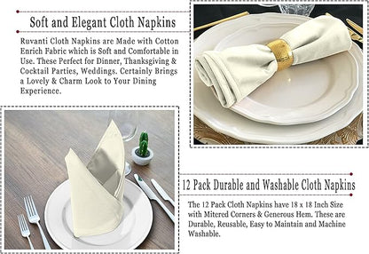 Ruvanti Cloth Napkins Set of 12, 18x18 Inches Napkins Cloth Washable, Soft, Durable, Absorbent, Cotton Blend. Table Dinner Napkins Cloth for Hotel, Lunch, Restaurants, Wedding Parties - Ivory/Cream