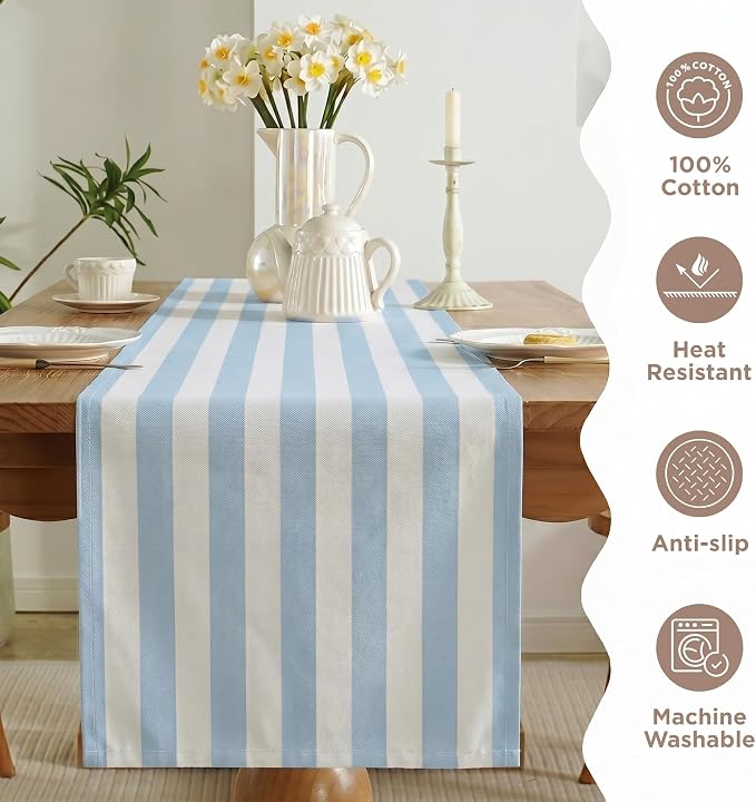Folkulture Table Runner 72 Inches Long Blue & White Striped Cotton Coastal - Image 3