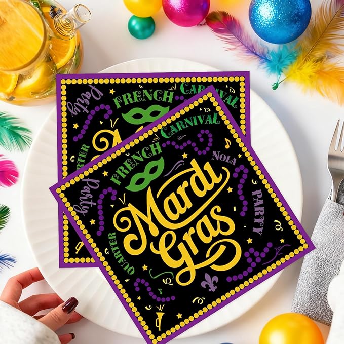 Mardi Decorations for Gras Party - 50PCS Mardi Party Gras Napkins Supplies Disposable, Fat Tuesday Carnival Paper Napkin Decor (Size 6.5 Inch)