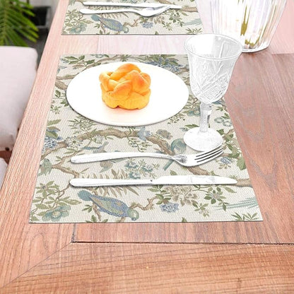 Chinoiserie Floral Place mats Set of 4, 12x18 Inches Green Blue Birds Flower Decorative Placemats Rectangle Floral Table Mats for Party Home Kitchen Dining Table Decoration