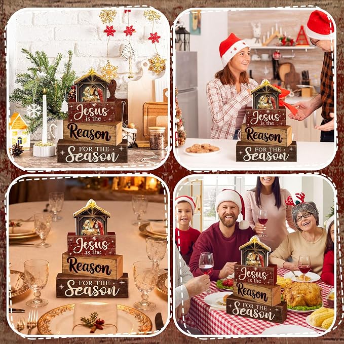 Moucuny 4 Pcs Christmas Table Decoration Christian Wooden Stacked Block - Image 5