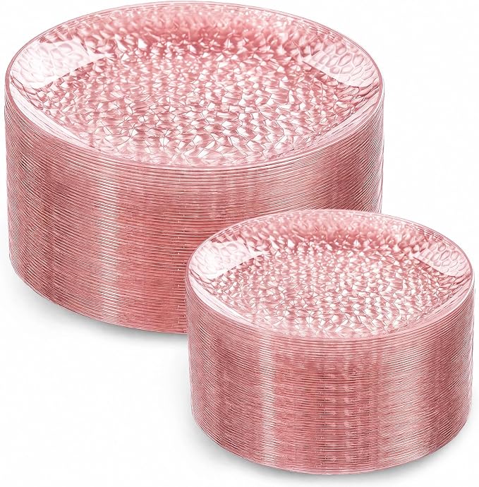 Rubtlamp 100 Pcs Clear Pink Plastic Plates, Hammered Plastic Pink Plates Set by Rubtlamp