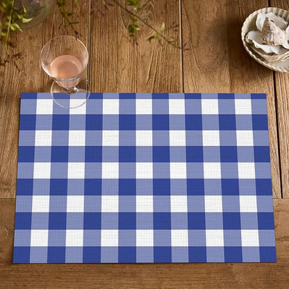 Artoid Mode Buffalo Plaid Vinyl Placemats Set of 4, 12x18 Inch Washable Non-Slip Heat Resistant Plastic Place Mats for Party Dining Table, Naxy Blue/White