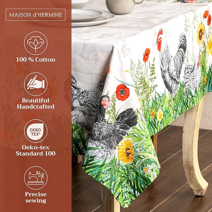 Maison d' Hermine Table Cloth Rectangle Table 100% Cotton 70 x 120 Inches Tablecloth Reusable Decorative for Dining Room Farmhouse Home Valentines Day Decorations Spring Summer - Basse Cour