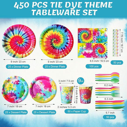 450 Pcs Tie Dye Party Tableware Set Decorations, Serves 50 | Rainbow Birthday - Image 2