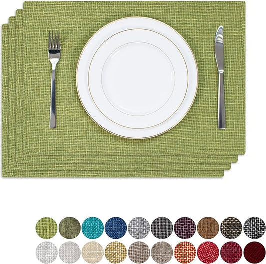 Kevin Textile Spring Burlap Linen Placemats Set of 4 Heat Resistant Dining Table Place Mats Washable Kitchen Table Mats, 13 x19 inches, Linden Green