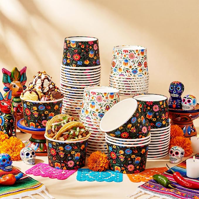 CHENGU 60 Pcs Mexican Colorful Flowers Snack Cups 9 oz Disposable Mexican - Image 5