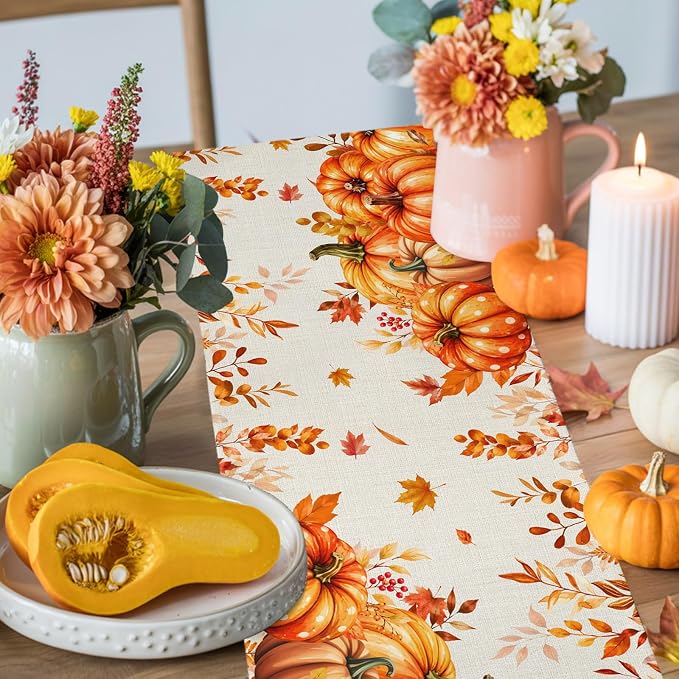 Orange Pumpkins Table Runners 72 Inches Long, Fall Thanksgiving Cotton Linen - Image 8