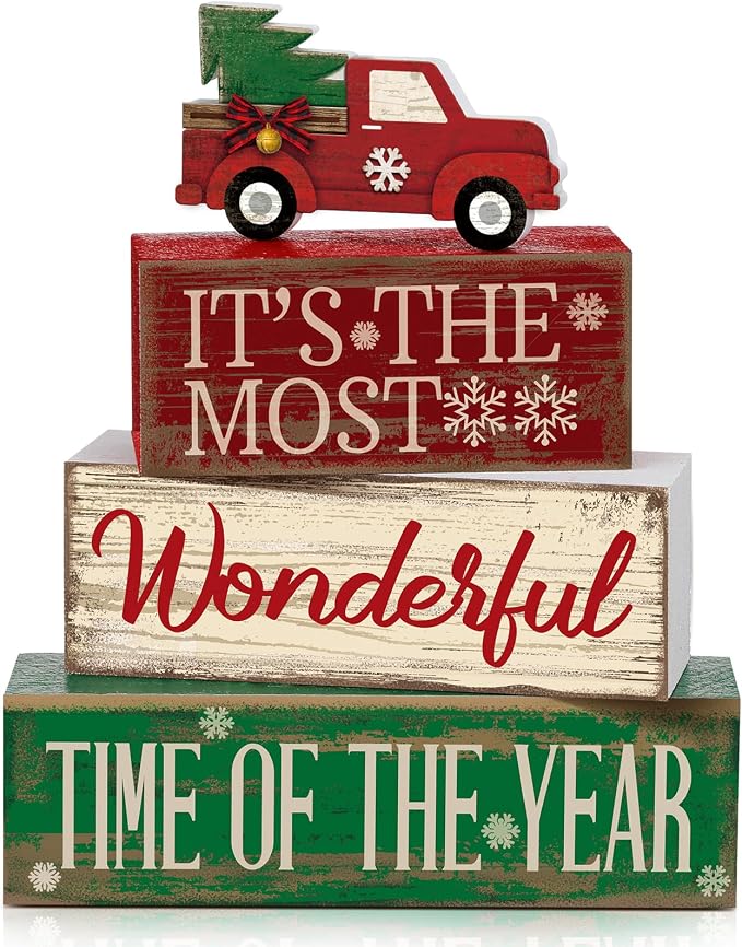 Moucuny 4 Pcs Christmas Decor Wooden Red Truck Winter Tiered Tray Decor Rustic by Moucuny