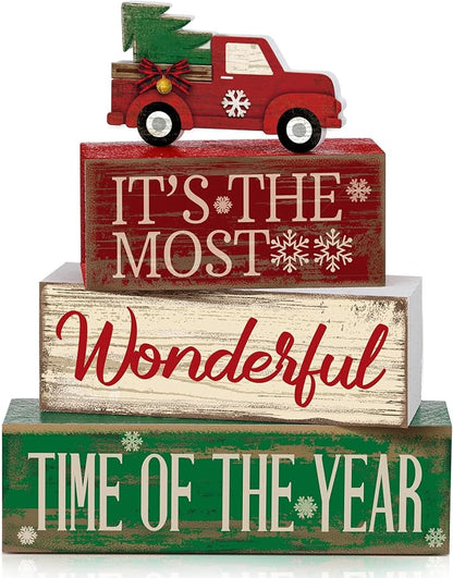 Moucuny 4 Pcs Christmas Decor Wooden Red Truck Winter Tiered Tray Decor Rustic by Moucuny