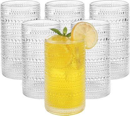 Vintage Hobnail Drinking Glasses Set of 6, 16 oz Large Capacity Embossed Clear Tumblers, Highball Glasses for Water, Cocktail, Beer, Whiskey, Kitchen & Bar Use