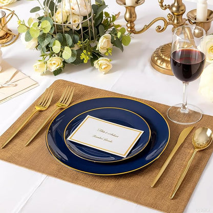 bUCLA 100PCS Blue Plastic Plates - Navy Blue Disposable with Gold Rim, Include 50 Each (10 inch Dinner & 7 inch Dessert) Plates, Ideal for Party and Hanukkah