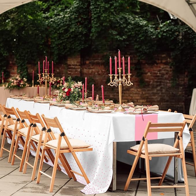 16Pack Disposable Plastic Tablecloths and Satin Table Runner Set White and Pink - Image 7
